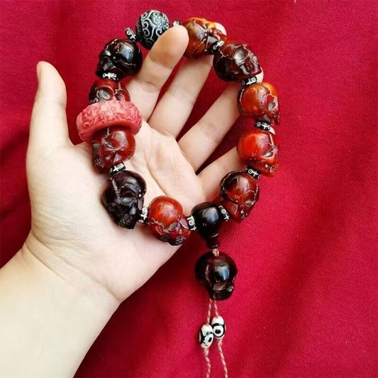 Tibet Yak Horn Carved Skull Head Bead Bracelet Statue Amulet Collection