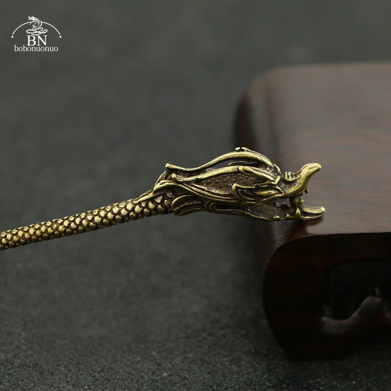 Copper Dragon Head Tea Knife Desk Ornaments Vintage Brass Miniatures Figurines