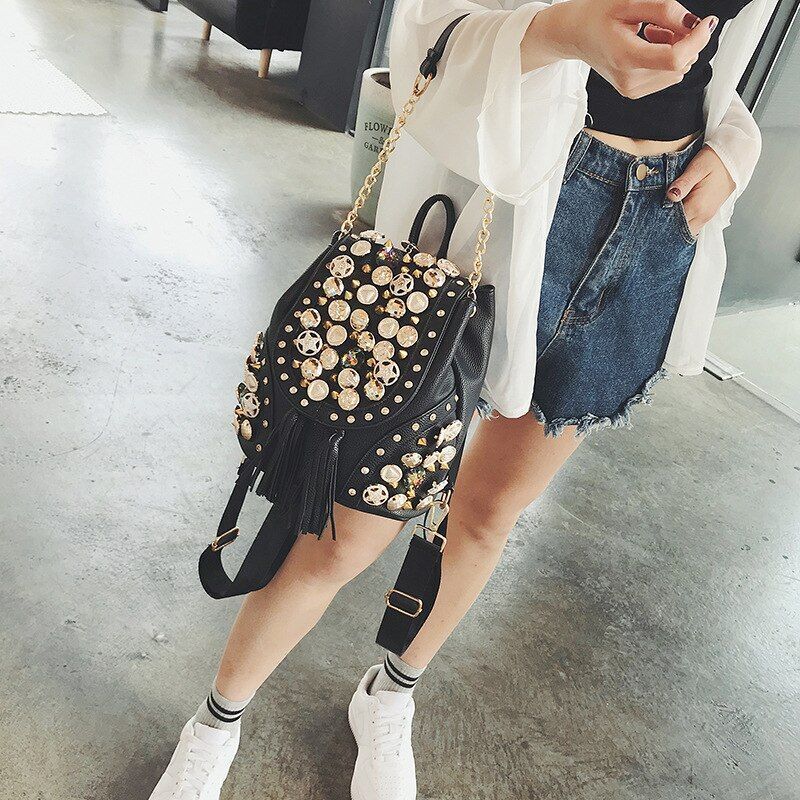 Personalized Single Shoulder Bag Rivet Button Bucket Chain Bag Tassels Backpack