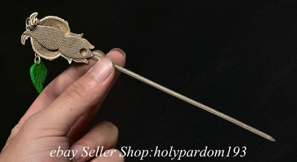 7.2" Old Chinese Silver Inlay Gems Fengshui Double Fish hair clasp Statue