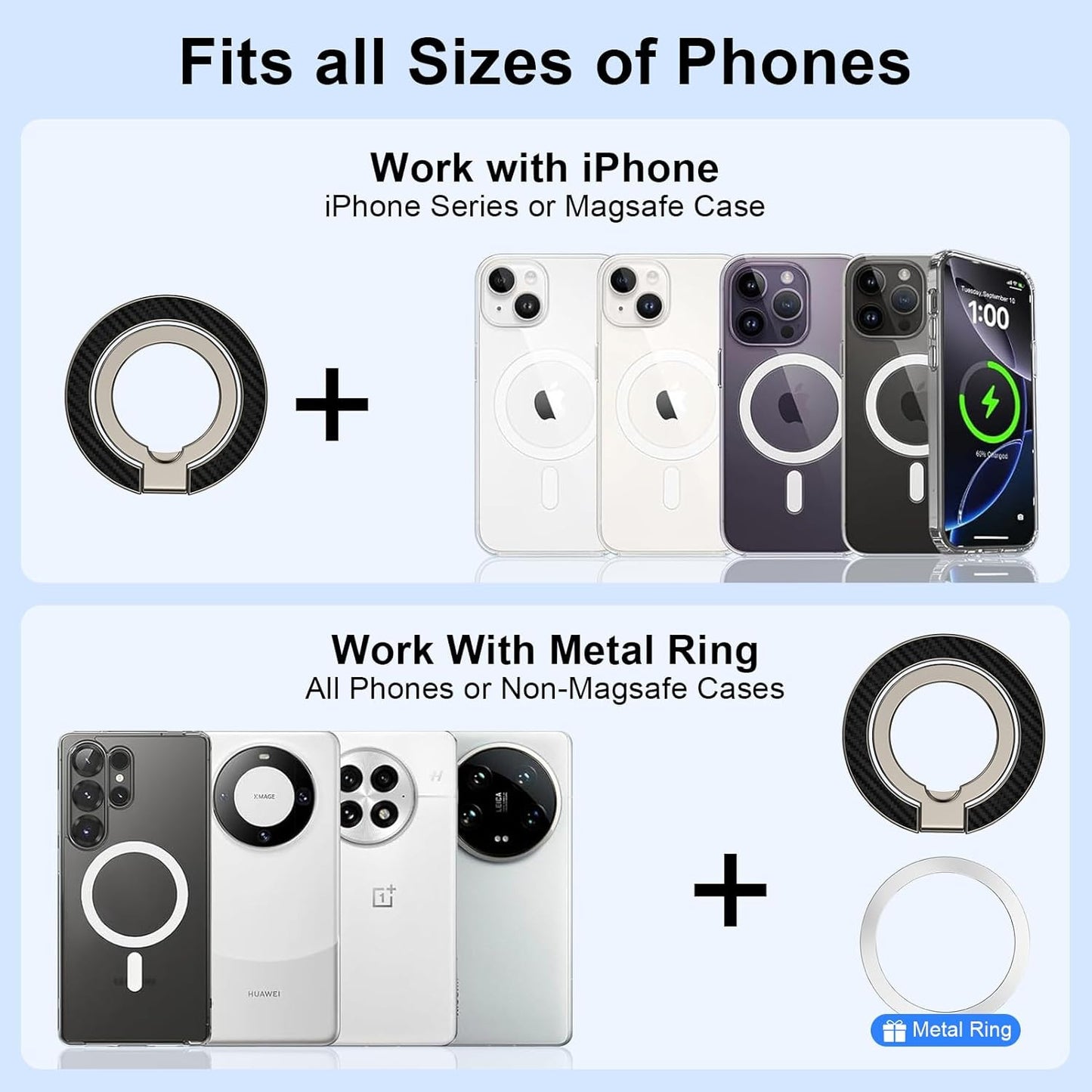 Magnetic Phone Ring Holder for Magsafe Dual-Side Magnetics, Removable Magsafe Ph