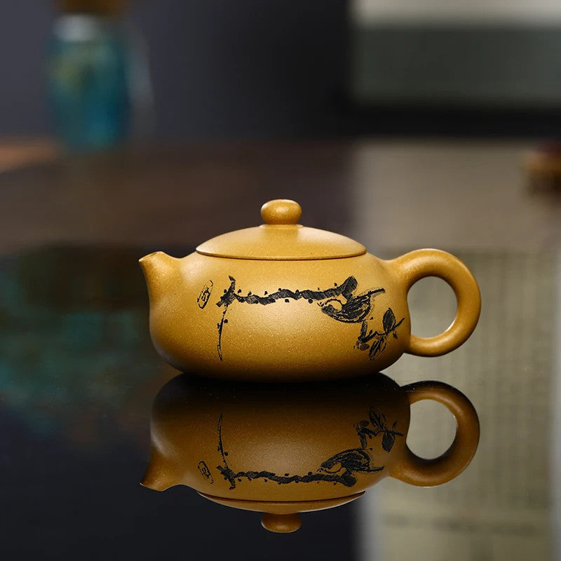 Handmade Yixing Kettle Raw Ore Duan Mud Teapot Birds Pattern Golden Tea Pot