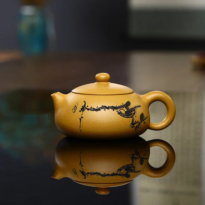 Handmade Yixing Kettle Raw Ore Duan Mud Teapot Birds Pattern Golden Tea Pot