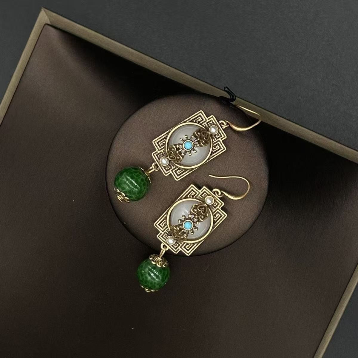 Vintage Chinese Filigree Earrings Green Bead Safety Lock Drop Dangle Jewelry