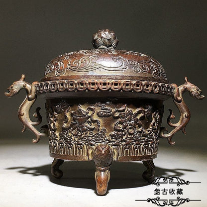 Wealth Dragon Ear Incense Burner 8.5cm Carved Eight Auspicious Symbols