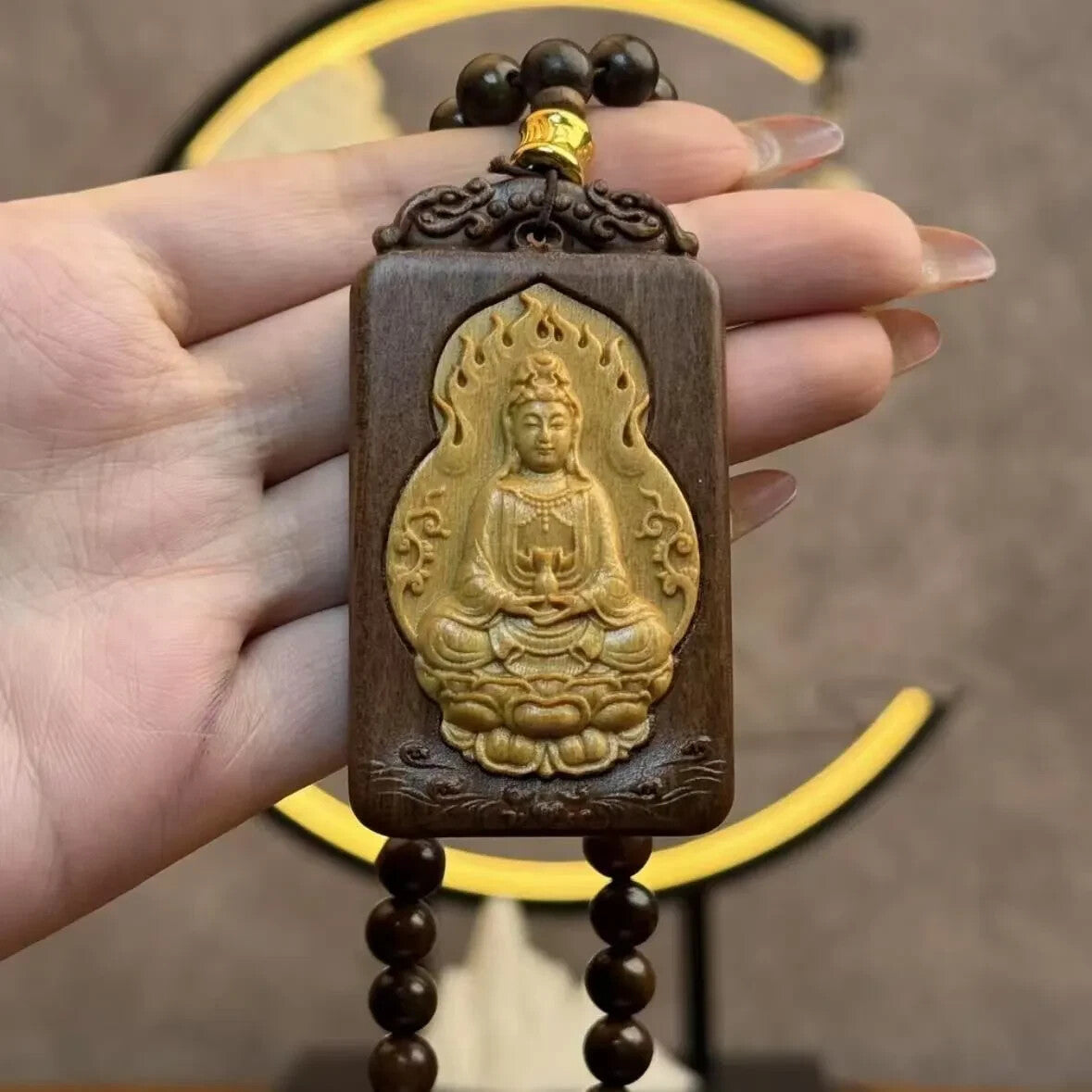 8mm*108 Natural Wood Prayer Beads Necklace Guanyin Buddha Bless Lucky Pendant