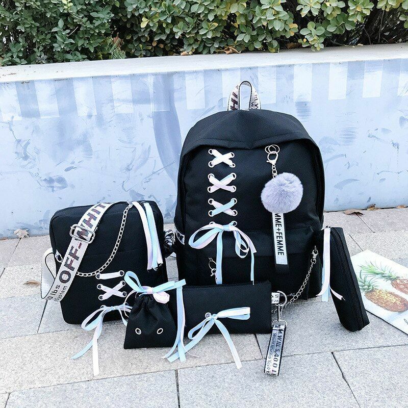 Students Backpack 5 pcs/set Ribbon Chain Girl Laptop School Bags Bookbag Oxford