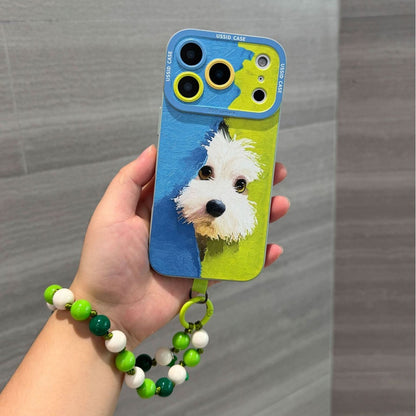 Cute Green Puppy Cartoon Phone Case with Lanyard for iPhone 17 Pro Max /16/15/14