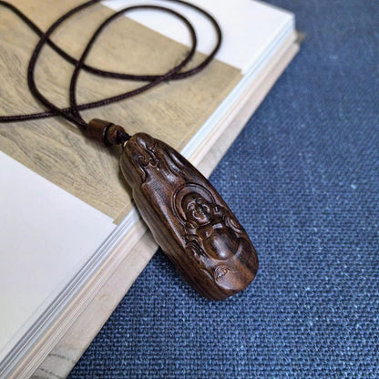 Natural Wood Carving Necklace Maitreya Buddhism Pendant Men Woman Blessing Gift