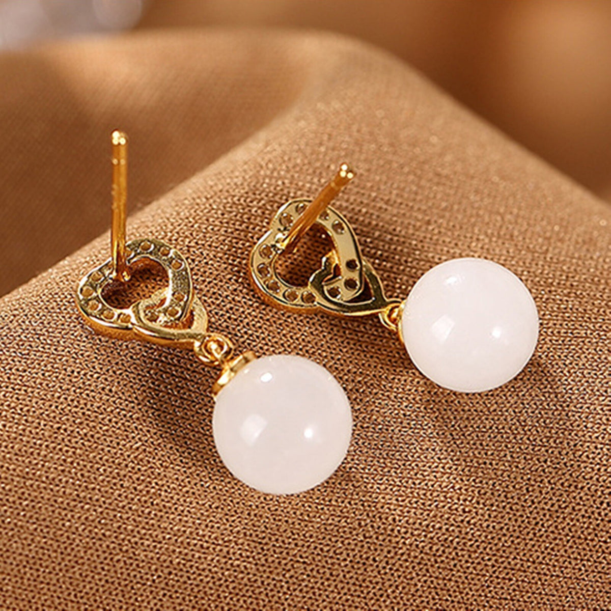 Pure S925 Sterling Silver Stud Nephrite Natural Jade Bead Heart Dangle Earrings