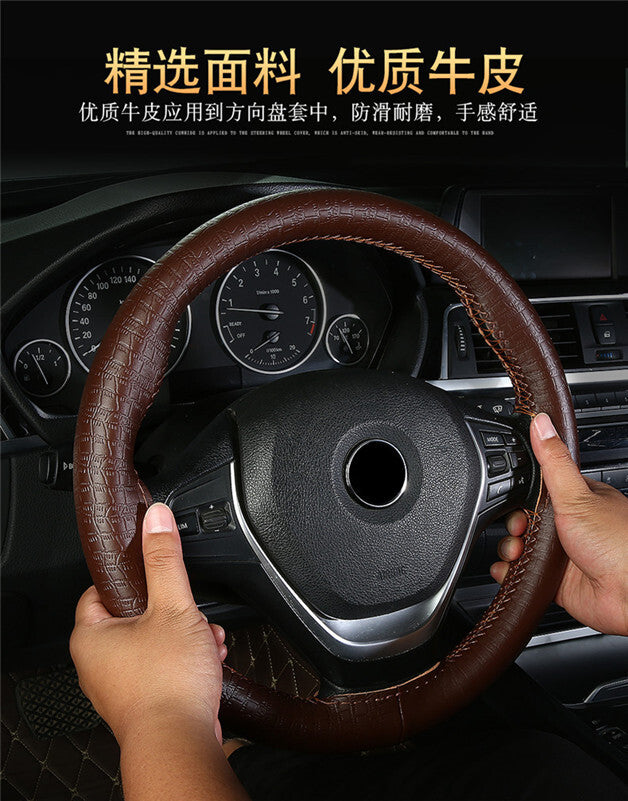 DIY Emboss Genuine Leather Auto Car Steering Wheel Cover Case Needles Thread 38