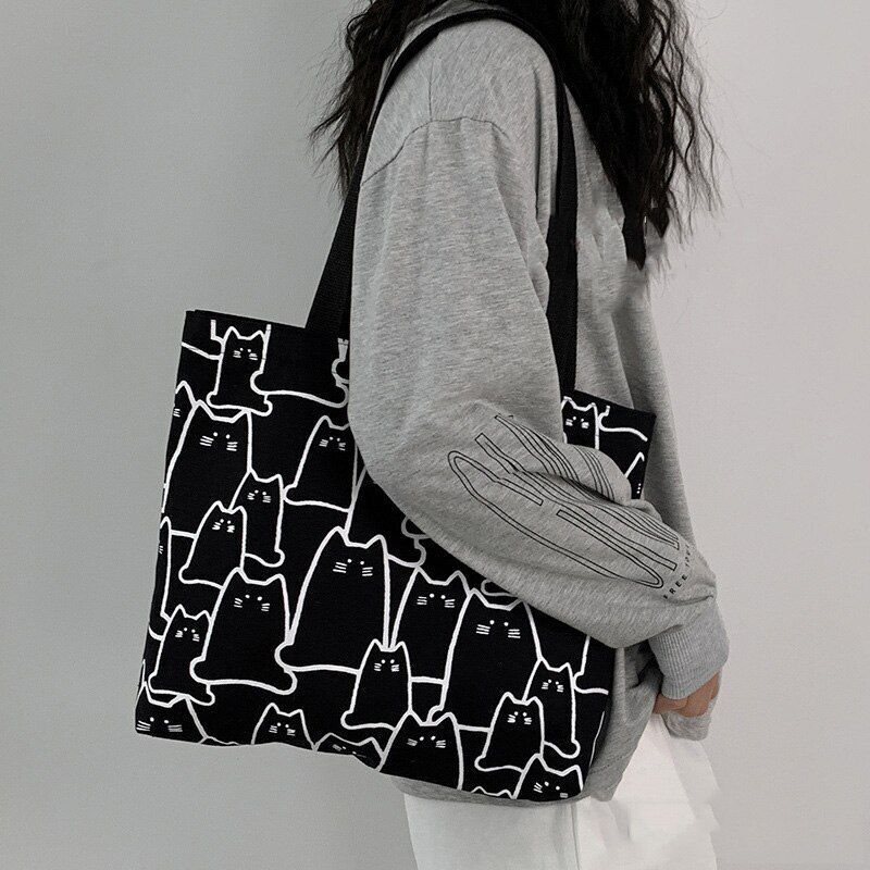 Canvas Bags Handbag Cute Cat Tote Bag Zipper Designer Cartoon Small Shoulder Bag