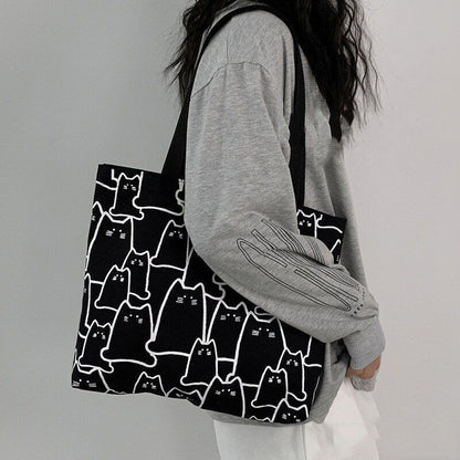 Canvas Bags Handbag Cute Cat Tote Bag Zipper Designer Cartoon Small Shoulder Bag