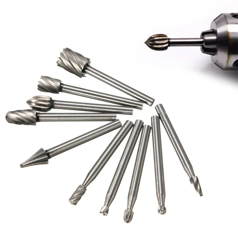 10Pcs 3mm Shank HSS Rotary Burr File Rasp Drill Bits Set For Wood Stone Carving