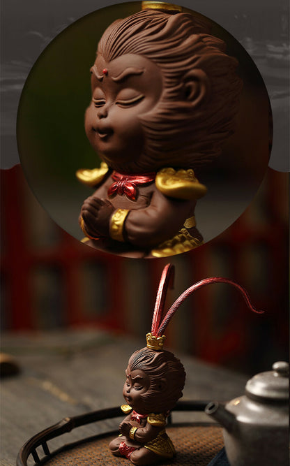 6.1" Monkey King Statue Small Home Decoration Yixing Zisha Handmade Tea Pet Gift