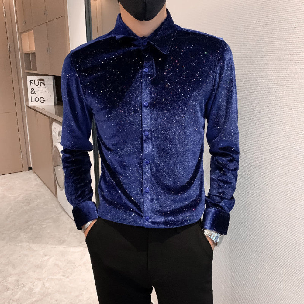 Mens Glitter Velvet Blouse Shirt Top Pleuche Slim Long Sleeve Fashion Costume