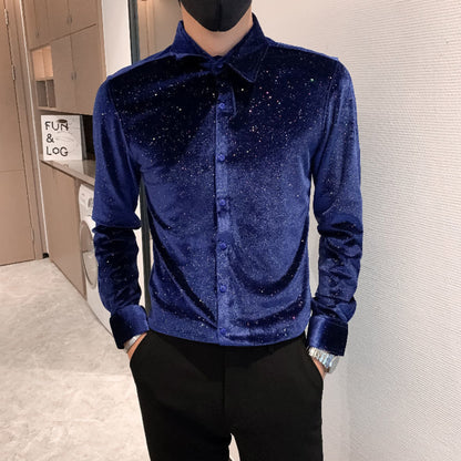 Mens Glitter Velvet Blouse Shirt Top Pleuche Slim Long Sleeve Fashion Costume