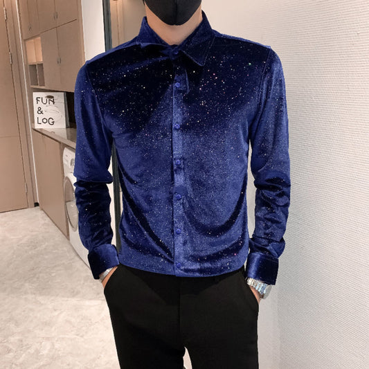 Mens Glitter Velvet Blouse Shirt Top Pleuche Slim Long Sleeve Fashion Costume