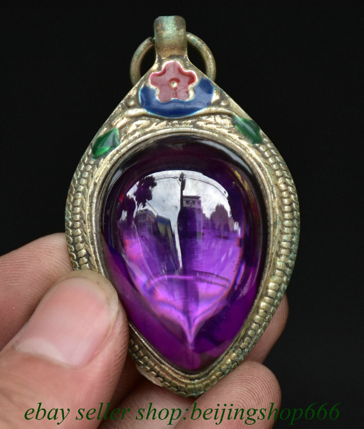 2" Old Chinese Copper Cloisonne Purple Gems Jewelry Pendant Amulet