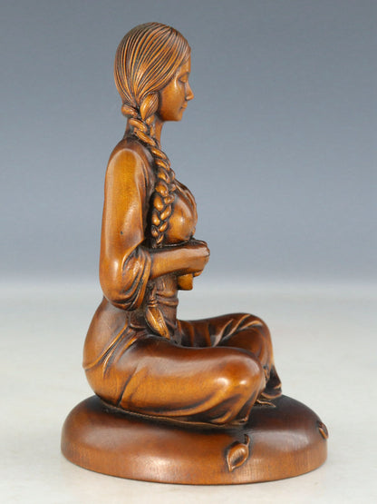 Rare Chinese Exquisite Handmade Beauty Carving Boxwood Statue Figure Art Collect