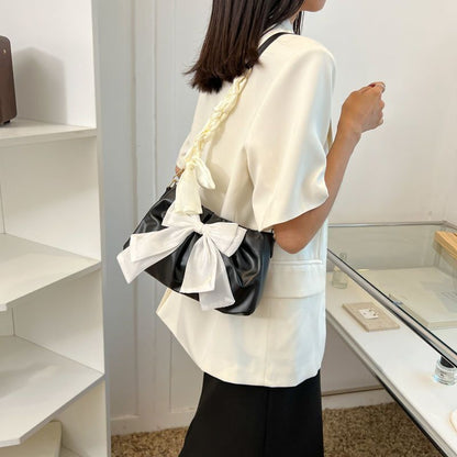White Bow Versatile Shoulder Bag Summer Autumn Pleated Cloud Handbag 28*15*8 cm