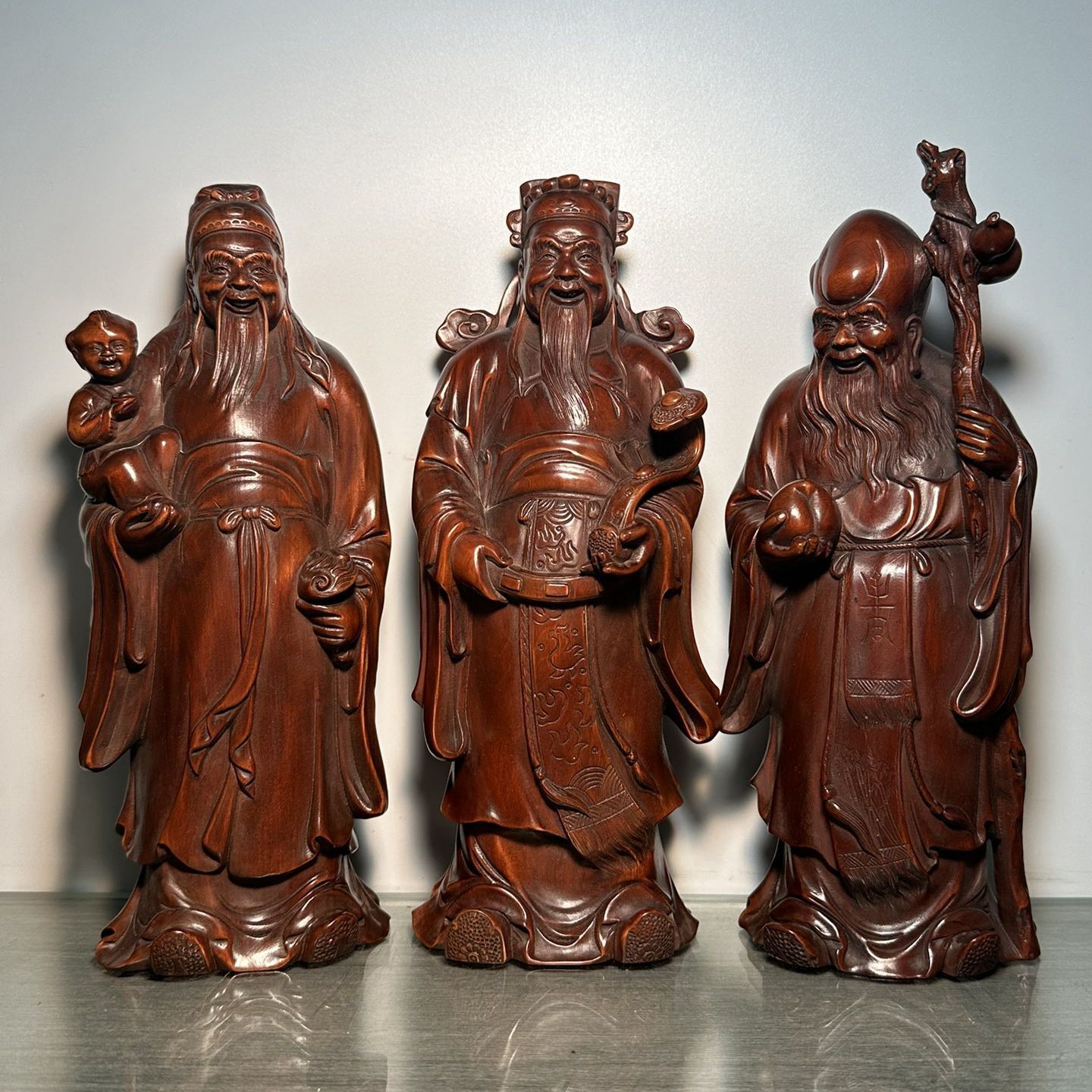 Vintage China Wooden Carved Three God Of Longevity Figure Statue Wood Sculpture