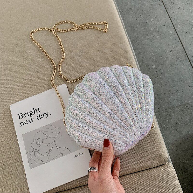 Small Sequins Shell Shape Chain Bag Shoulder Purse Cute Crossbody Bag 19*17*7CM