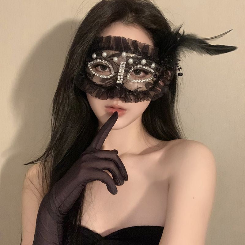 Princess Feather Mask Set 2 Pack Black White Masquerade Half Face Cover