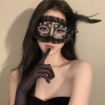 Princess Feather Mask Set 2 Pack Black White Masquerade Half Face Cover