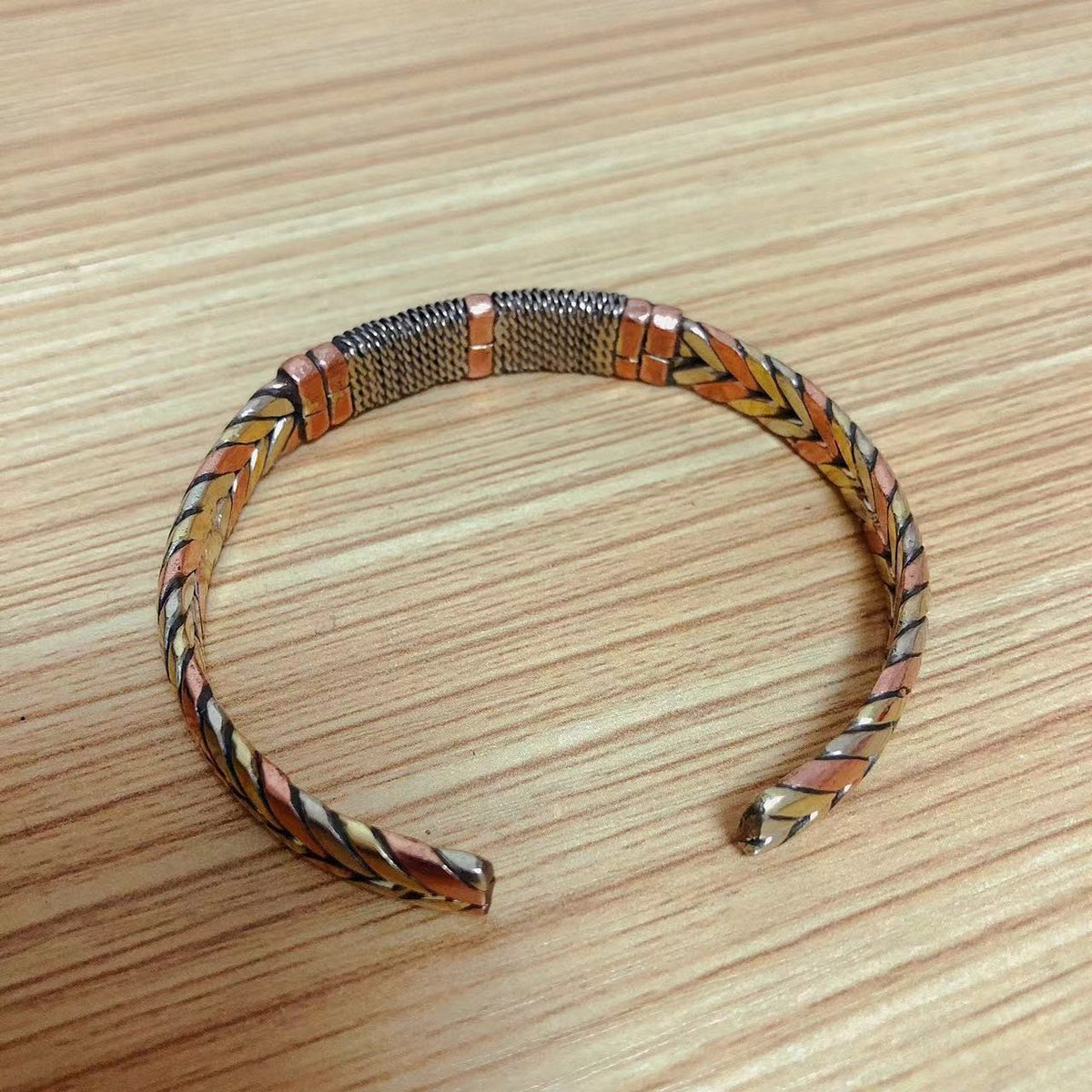 Tibetan Handmade Tri-Color Copper Bracelet 0.8cm Wide Adjustable Cuff