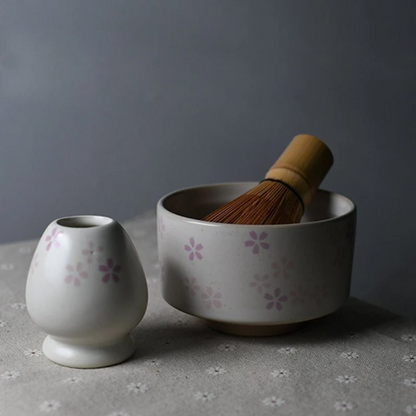 Ceramic Matcha Set Handpainted Cherry Matcha Set with Whisk and Chasen Holder