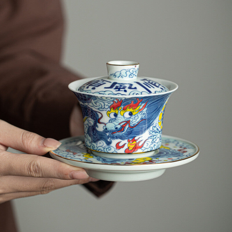 Chinese Tea Set Porcelain Gaiwan Tea Cup Plate Dragon Print Ceramic Tureen China