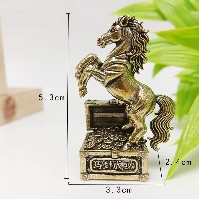 5.3cm Brass Handcarved Zodiac Horse Statue Tea Pet Feng Shui Wealth Ornament