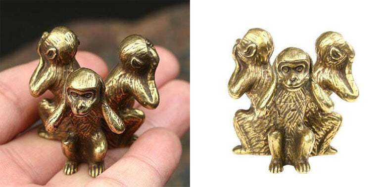 Combination Pure Brass Solid Figures "Three Wise Monkeys" Hear See Speak No Evil