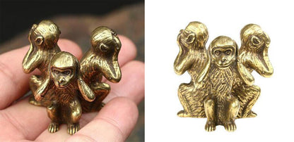 Combination Pure Brass Solid Figures "Three Wise Monkeys" Hear See Speak No Evil