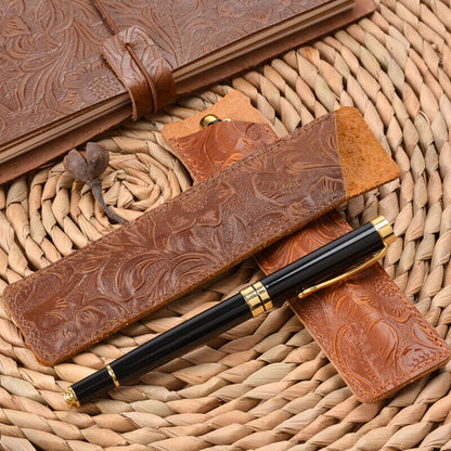 Handmade Cowhide Leather Carved Vintage Pencil Case Stationery Storage Bag