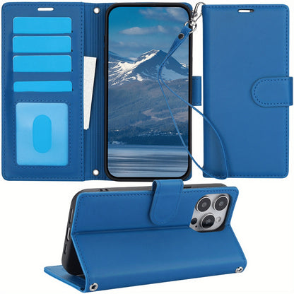 For iPhone 16/15/14/13/12/11 Pro Max Case Card Holder Wrist Strap Wallet Cover