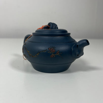 Chinese Yixing Dark Clay Zisha Style Hand Carved Scriptures Designs Teapot