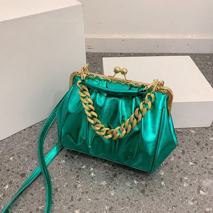 Shoulder Bag Pleated Bag Thick Chain Clip Handbags Satchel Leather Crossbody Bag