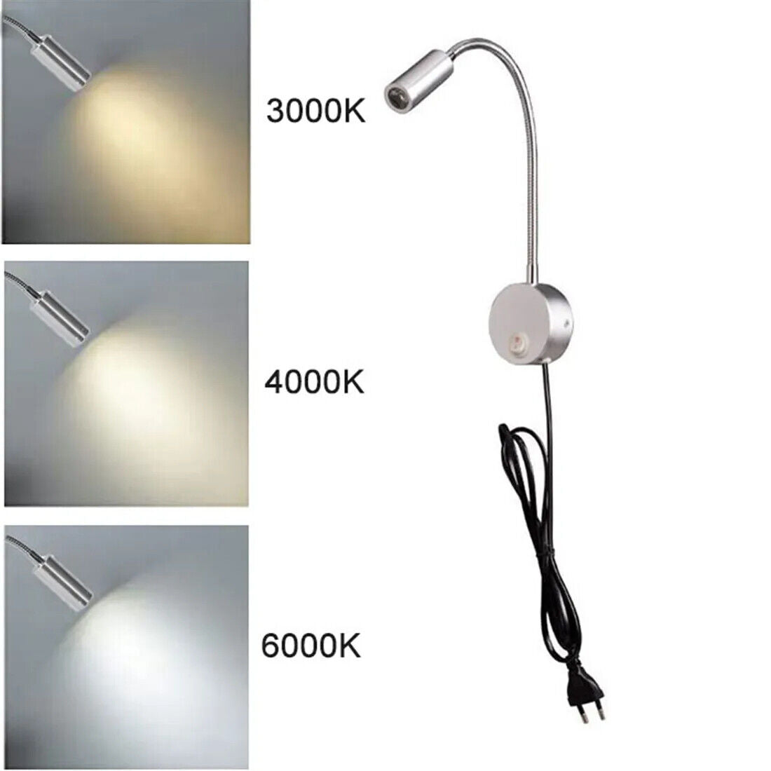 LED Reading Lights AC100-240V Silver Aluminum Gooseneck Bed Headboard Desk Lamps