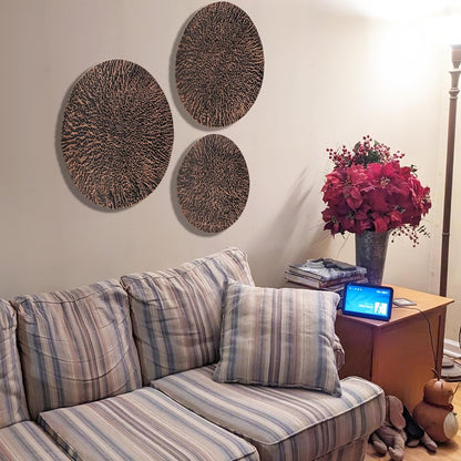 Set of 18", 15", 12" Hanging Copper / Black Ribbed Metal Circles Wall Decoration