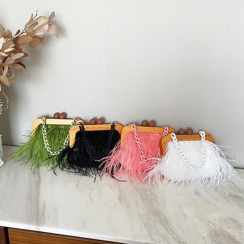 Ostrich Feather Handbag Retro Wooden Evening Purse Acrylic Chain Shoulder Bags