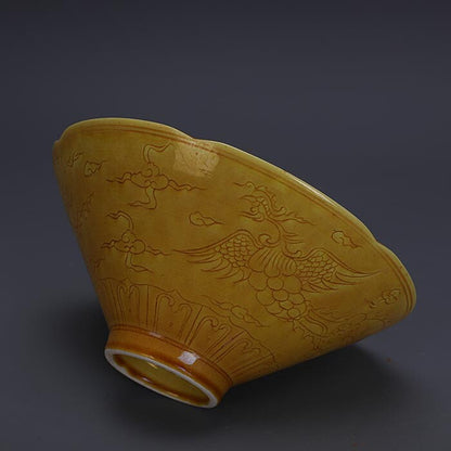 6.5" Collect Chinese Ming Porcelain Yellow Glaze Animal Two Phoenix Douli Bowl