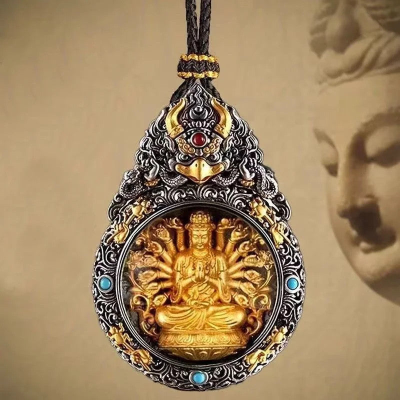 Tibetan Chinese Retro Handcarved Buddha Statue Pendant Amulet Necklace Jewelry