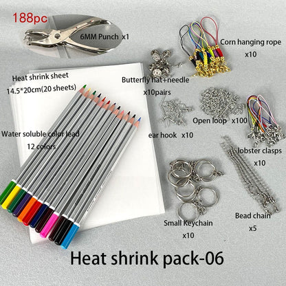 Heat Shrink Paper Kit 188Pcs Plastic Sheet DIY Keychains Pendant Craft Art Tools