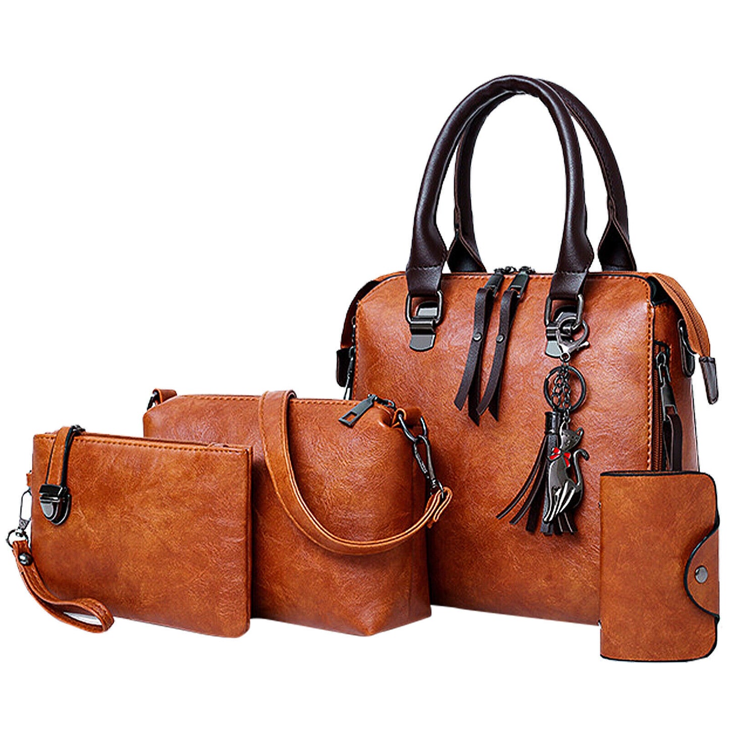 4pcs Vintage Women Handbag PU Leather Tote Messenger Bag Wallet Clutch w/ Tassel