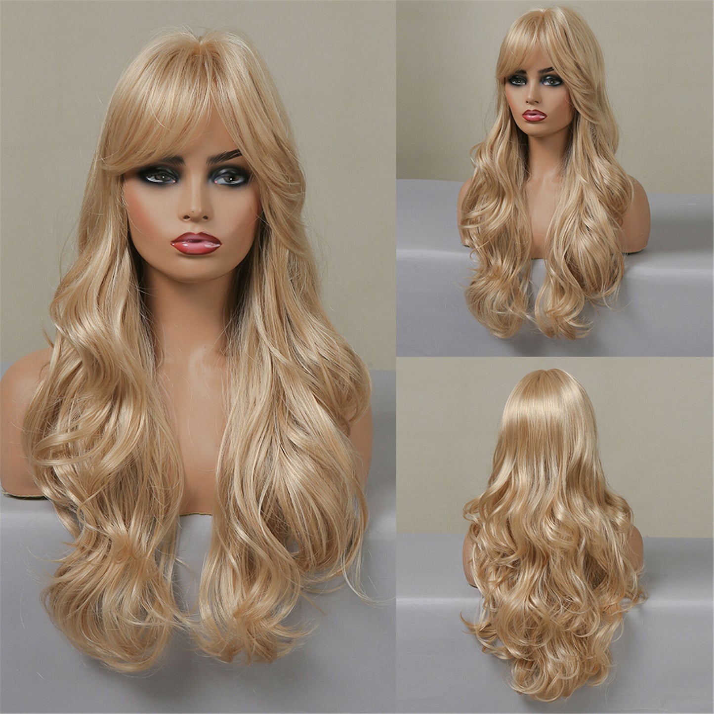 Long Wavy Wigs with Bangs Cosplay Party Synthetic Hair Wigs for Black Women