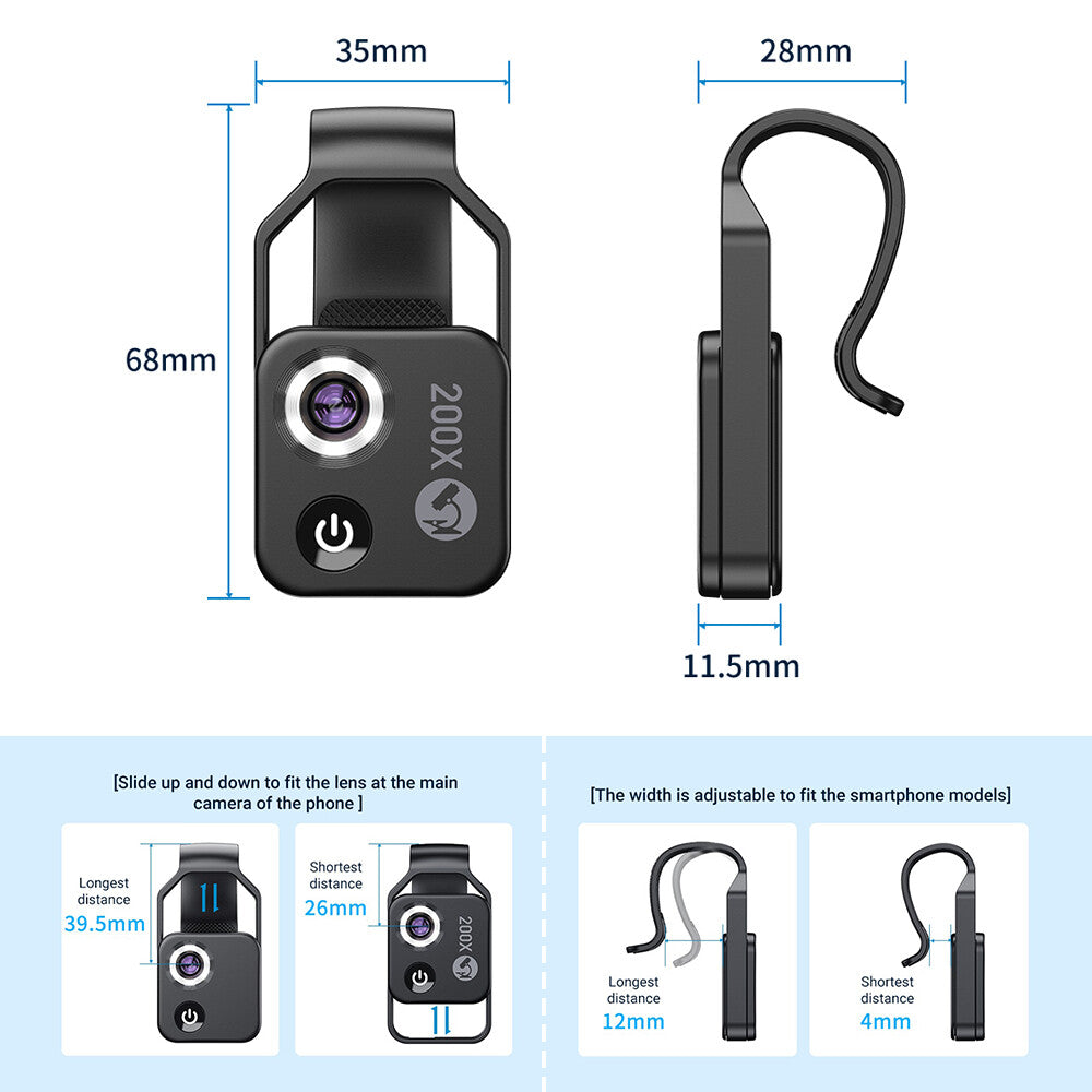 APEXEL 200X with CPL Phone Microscope with LED Light/Clip for IPhone and Android