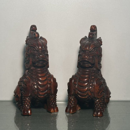 Chinese Wooden Carved A Pair Dragon Statue Unicorn Wood Home Decor Sculpture Art