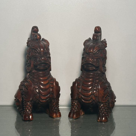 Chinese Wooden Carved A Pair Dragon Statue Unicorn Wood Home Decor Sculpture Art